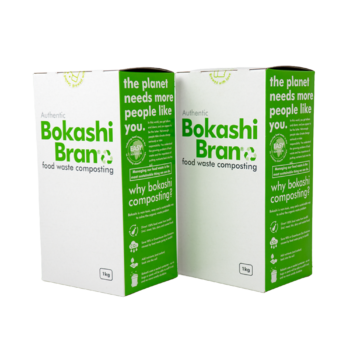 Two 1kg boxes of Authentic Bokashi Bran food waste composting mix, angled to show the front and side panels.