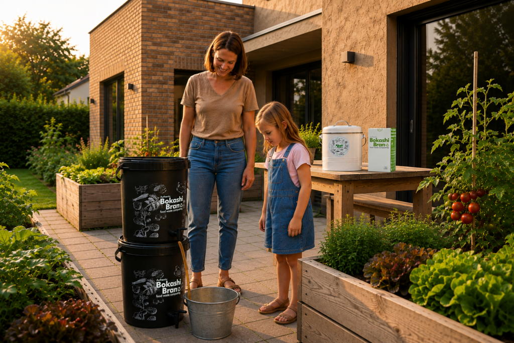 A woman and a young girl watch liquid drain from two stacked black Bokashi Bran buckets into a metal pail in a garden, with the Deluxe counter caddy and a box of Bokashi Bran® on a table beside raised vegetable beds.