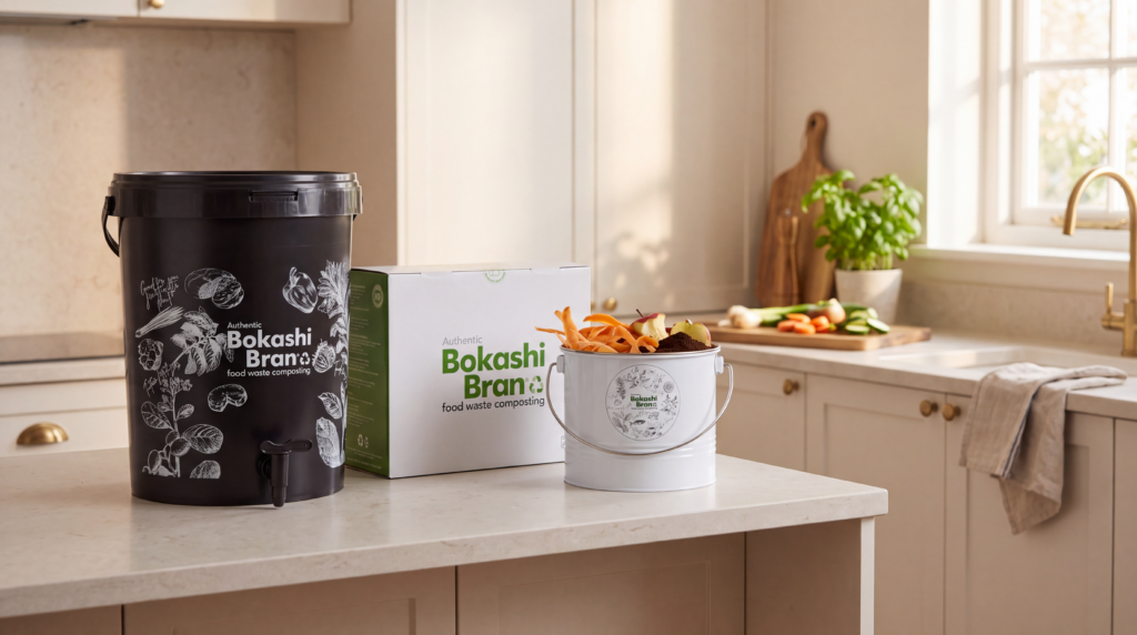 Bokashi Bran bucket kit in a modern kitchen: a black bokashi bucket with a tap, a box of Bokashi Bran, and the Bokashi Bran Deluxe Counter Caddy filled with vegetable peelings and fruit scraps.