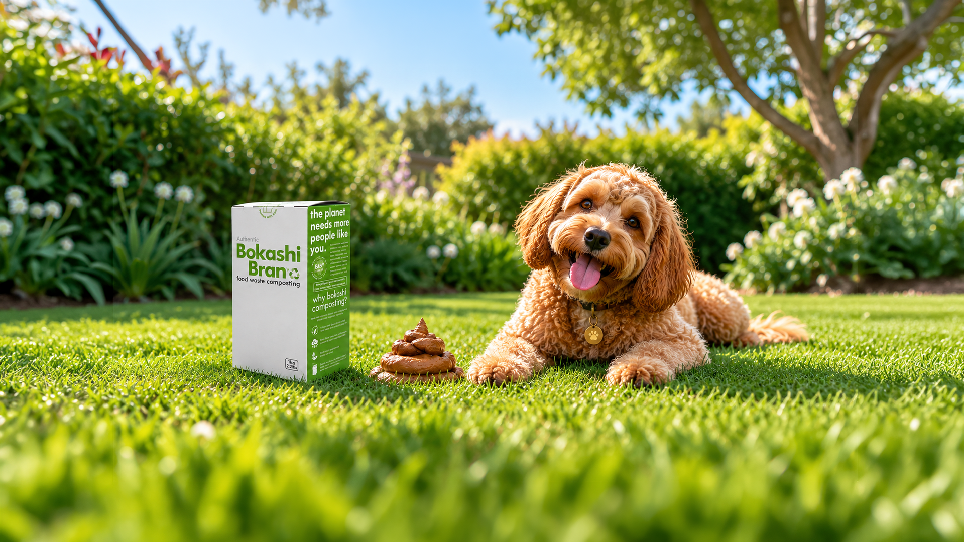 Happy golden curly-haired dog lying on a sunny garden lawn next to a pile of dog poo and a 1kg box of Bokashi Bran.